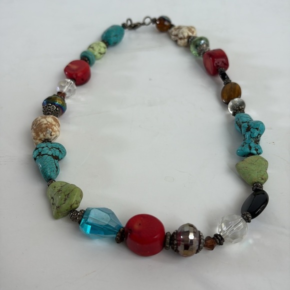 Mixed stone beaded lobster clip necklace turquoise tigers eye coral clear - Picture 2 of 15